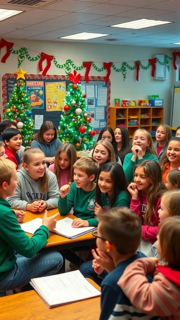 6th graders playing Christmas games in a decorated classroom.